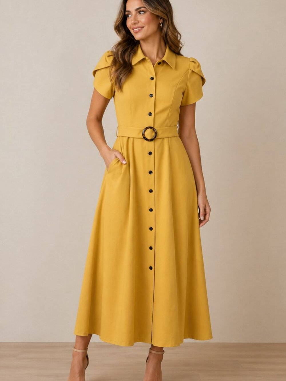 Calvin Klein Mustard Button Up Tulip Sleeve Belt Midi Shirt Dress Size 2
